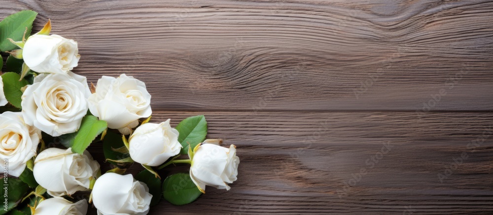 Aufkleber delicate white field roses arranged on the left of a warm wooden surface with soft green leaves crea