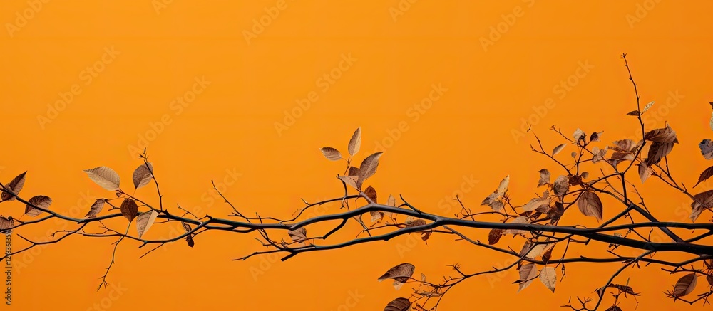 Aufkleber Dry twigs and leaves artistically arranged on a vibrant orange background creating a warm and inviting autumnal atmosphere with ample copy space.