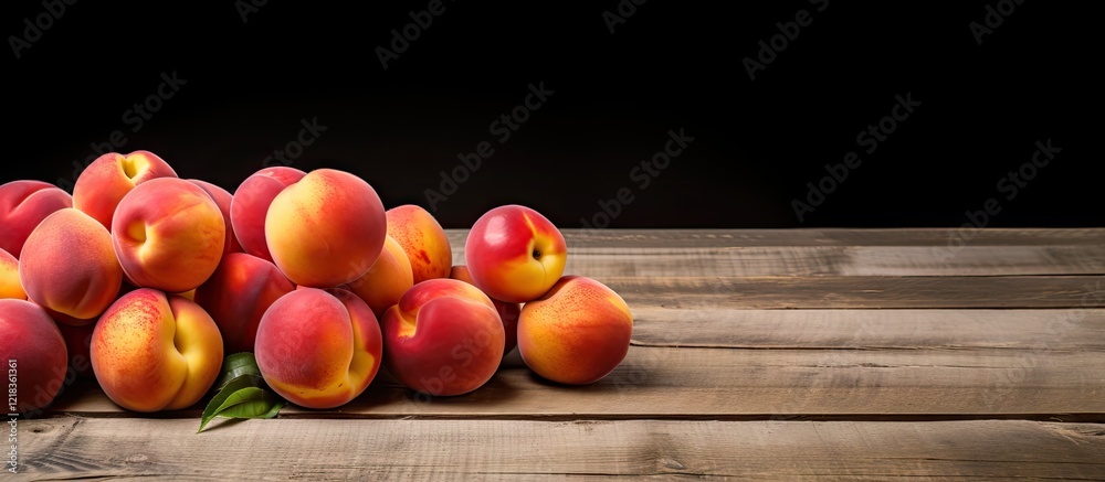 Poster juicy nectarines in various shades of orange and yellow piled on an aged wooden table against a blac
