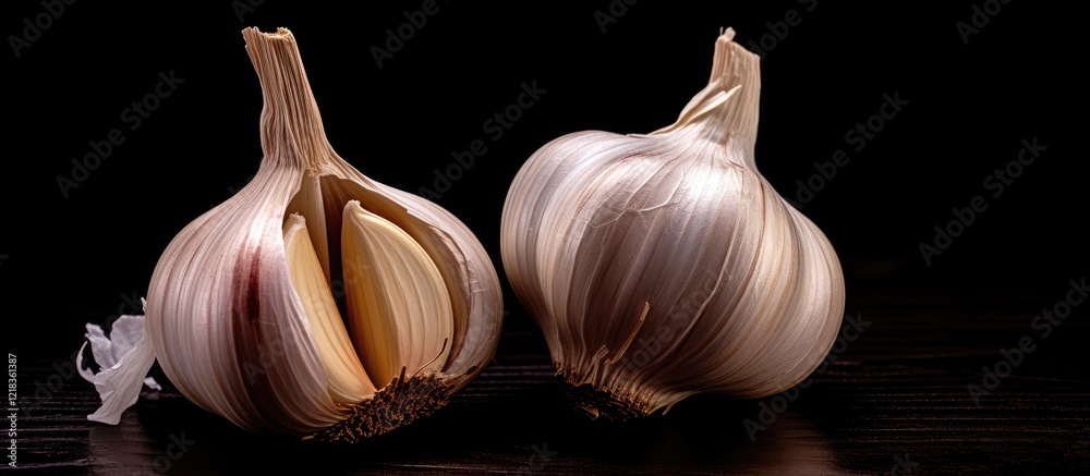 Poster close up of fresh garlic bulbs with cloves visible on a dark background emphasizing texture and colo