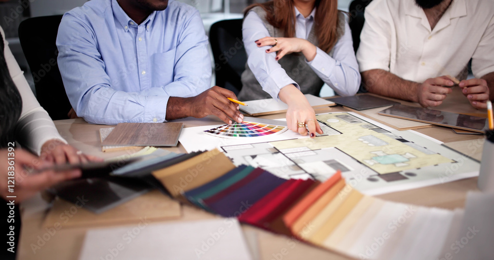 Aufkleber designer group at desk discussing custom house