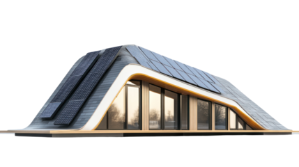 Modern architectural design featuring sustainable materials and large glass windows, illuminating a innovative living space.