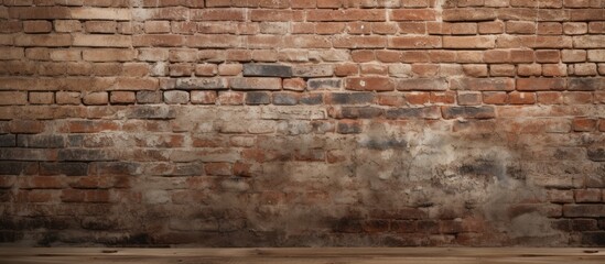 Textured aged brick wall with red and grey tones, providing a rustic backdrop, featuring ample copy space at the center for design purposes.