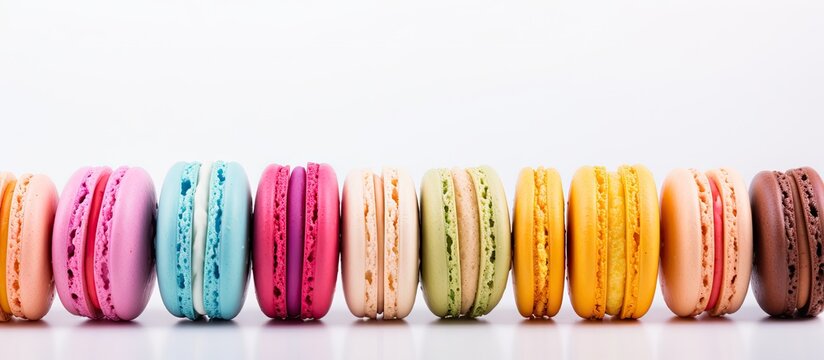 Colorful macarons in pink, green, yellow and brown neatly arranged on a white background creating a delightful sweet copy space image.