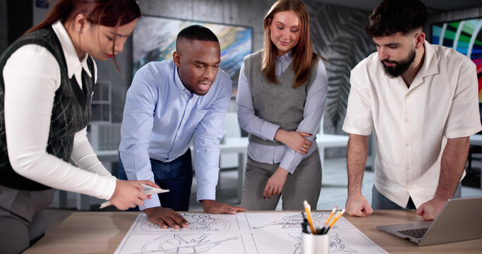 Cartoon Storyboard Artists Discussing Pencil Sketch