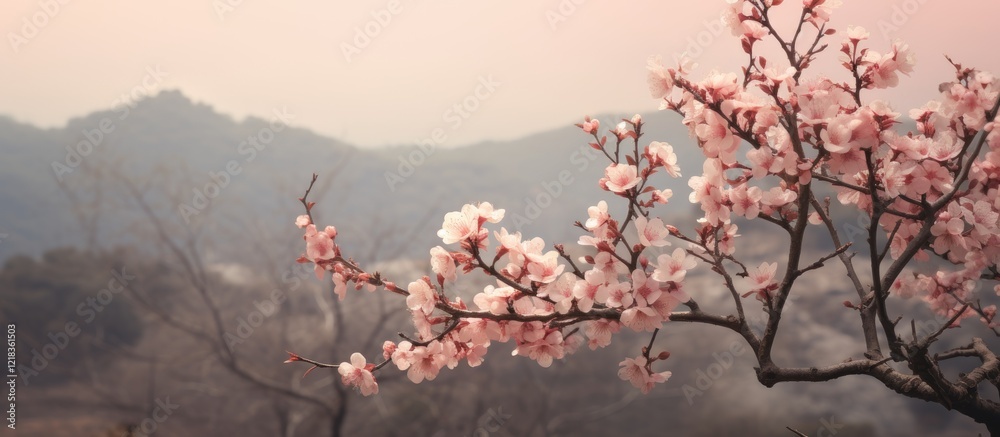 Aufkleber blossoming pink almond tree branches stretch gracefully against a soft brown landscape with a tranqu