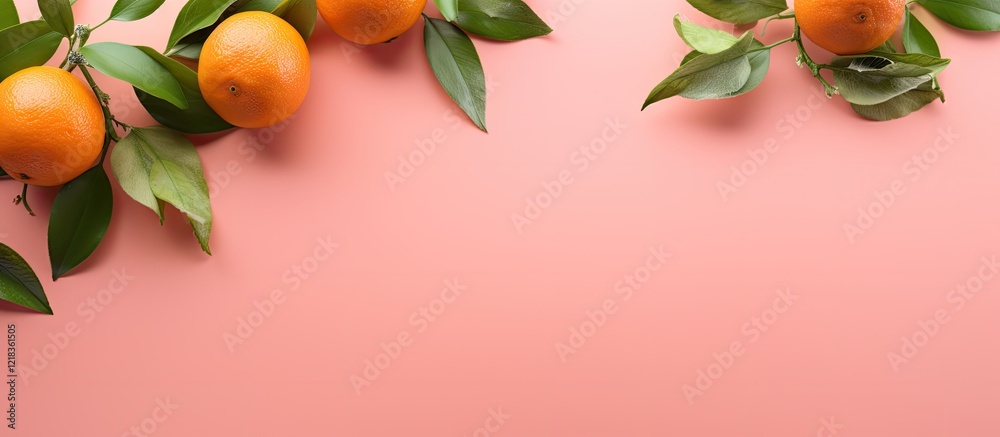 Aufkleber Fresh tangerines with green leaves displayed on a soft pink background creating a vibrant and refreshing copy space for your design needs