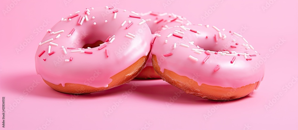 Poster pink glazed donuts with sprinkles arranged on a light pink background highlighting their simplicity 