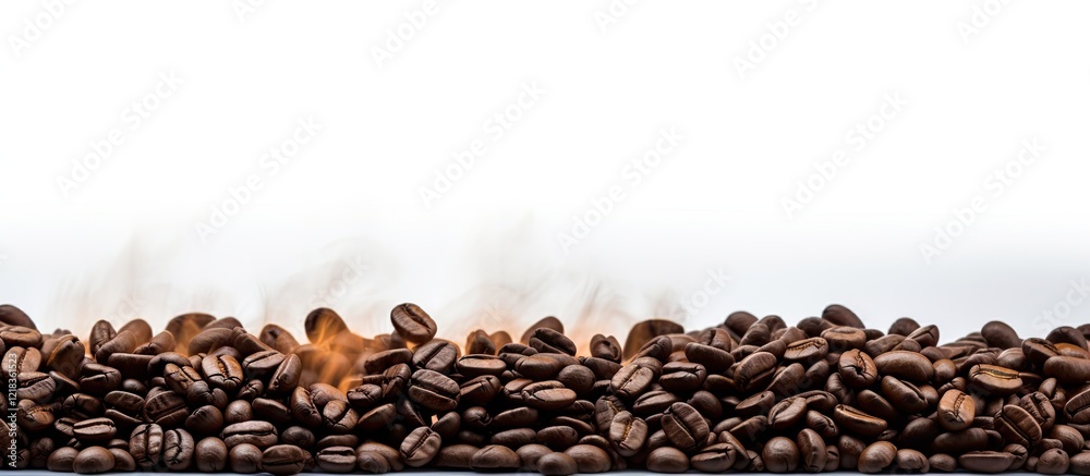 Poster Close up of roasted coffee beans on a white background with scattered beans and subtle smoke creating a clean design for text placement.