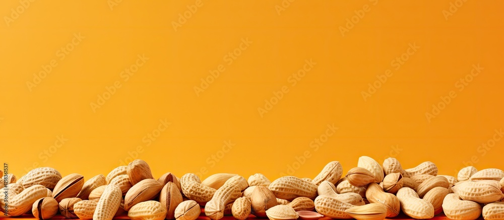 Poster dried peanuts in shells scattered across the lower section of a vibrant orange background, creating 