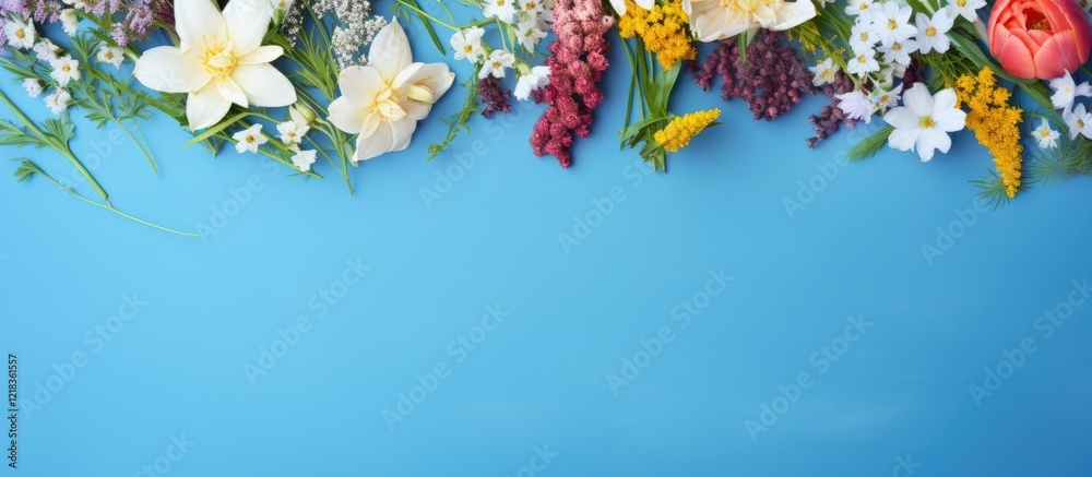 Poster Vibrant spring flowers in various colors arranged at the top on a bright blue background, creating a fresh and inviting copy space below.