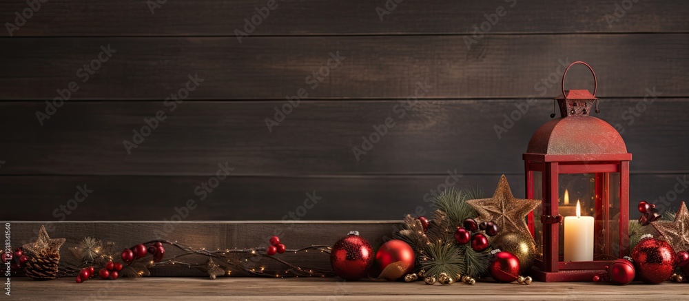 Aufkleber festive holiday decor featuring a red lantern with a flickering candle surrounded by ornaments and g