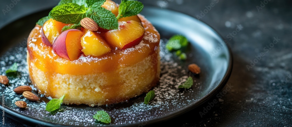 Poster peach and almond cake topped with mint leaves elegantly displayed on a matte black plate with a blur