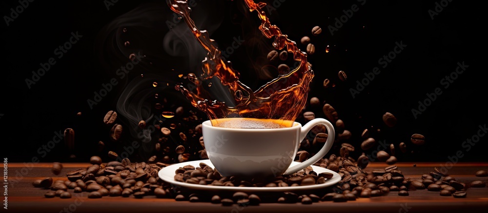 Poster coffee cup splashing with dark liquid surrounded by coffee beans on a wooden surface against a black