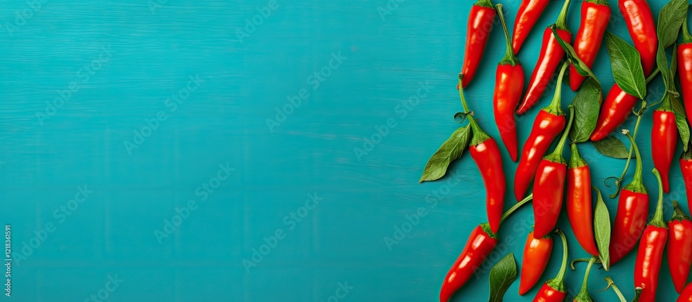 Poster Vibrant red mini paprika peppers clustered on the left side of a bold turquoise backdrop with ample copy space for text and designs