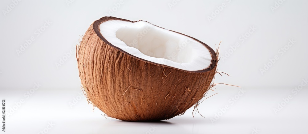 Poster half coconut shell with brown textured exterior and white inner flesh positioned on a minimalistic w