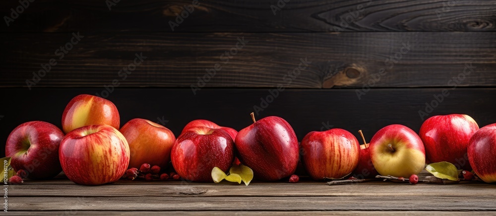 Aufkleber fresh red and green apples scattered on a rustic wooden table with dark wooden background and vibran