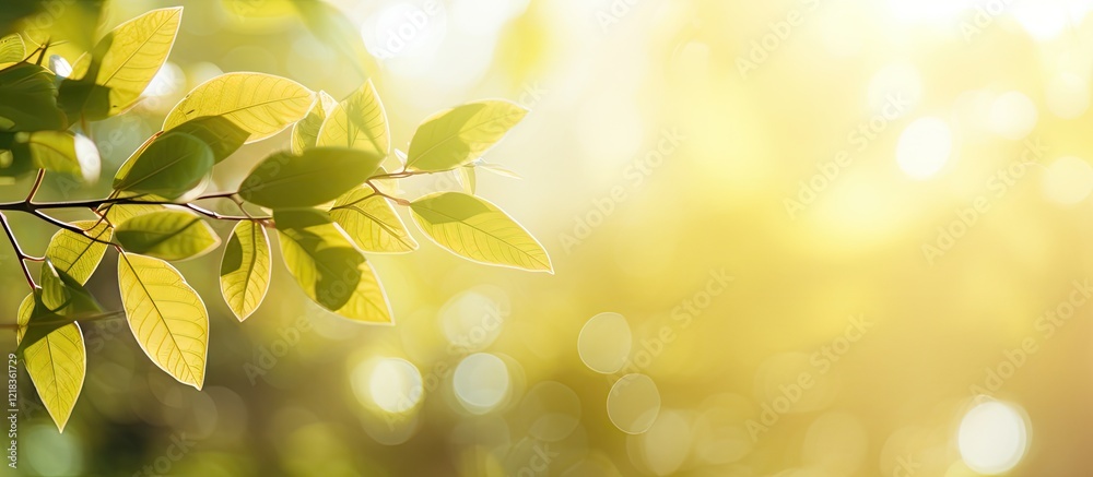 Fototapete bokeh background with soft green leaves and warm sunlight creating a luminous effect on the right si
