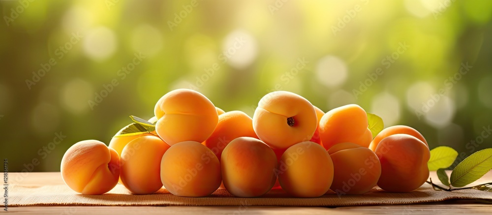 Poster Sunlit ripe apricots arranged in a cluster on a wooden surface with a blurred green background and ample negative space for text