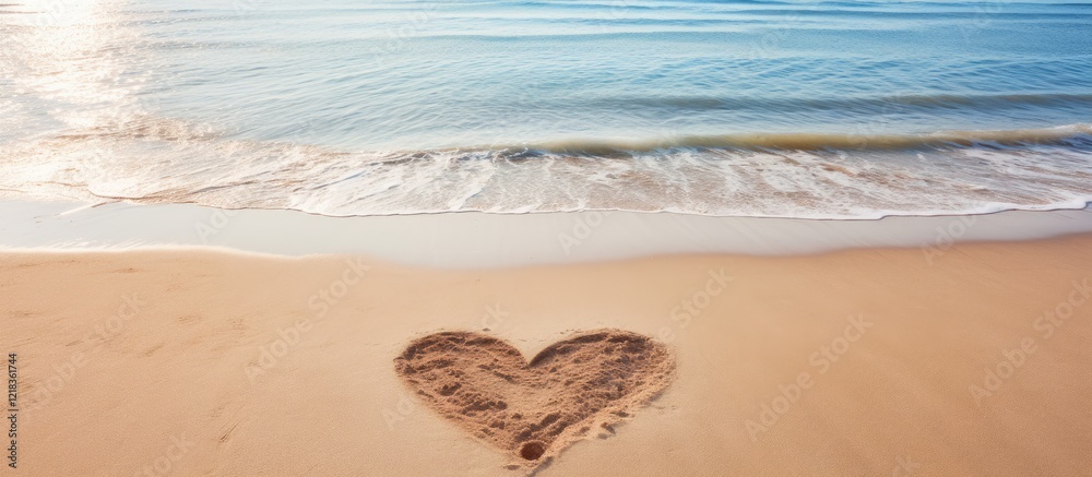 Poster heart shaped sand drawing on the beach with gentle ocean waves in soft blue hues and warm sandy tone