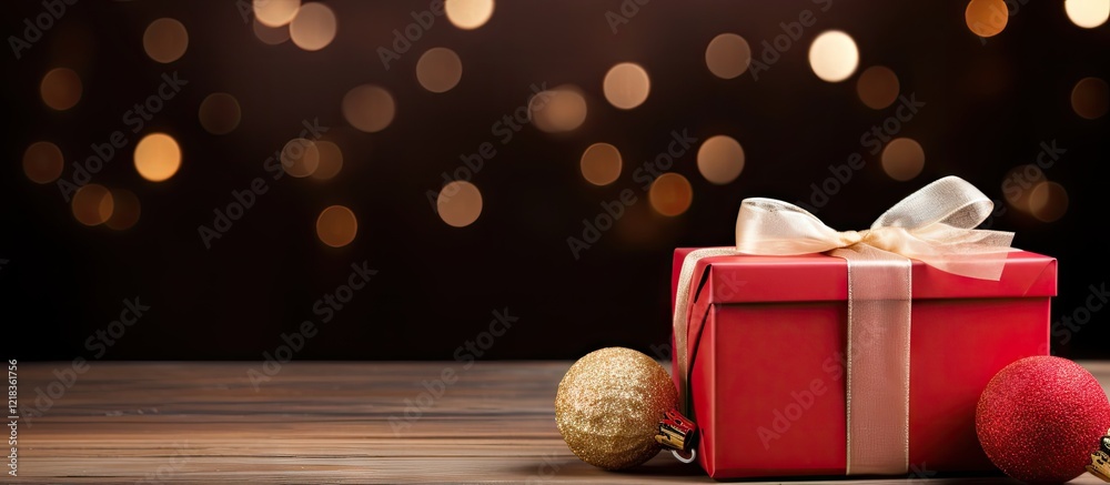 Poster festive red gift box adorned with a white ribbon and surrounded by golden and red ornaments on a rus