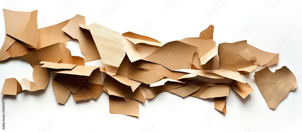 Fototapete Brown cardboard paper fragments artistically arranged against a clean white background with soft shadows creating depth and texture.