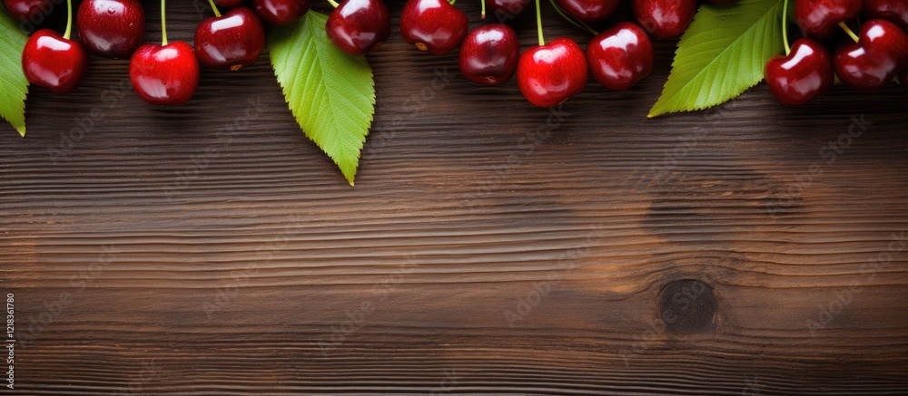 Poster freshly picked cherries in deep red hues adorned with green leaves, arranged at the top on a rustic 