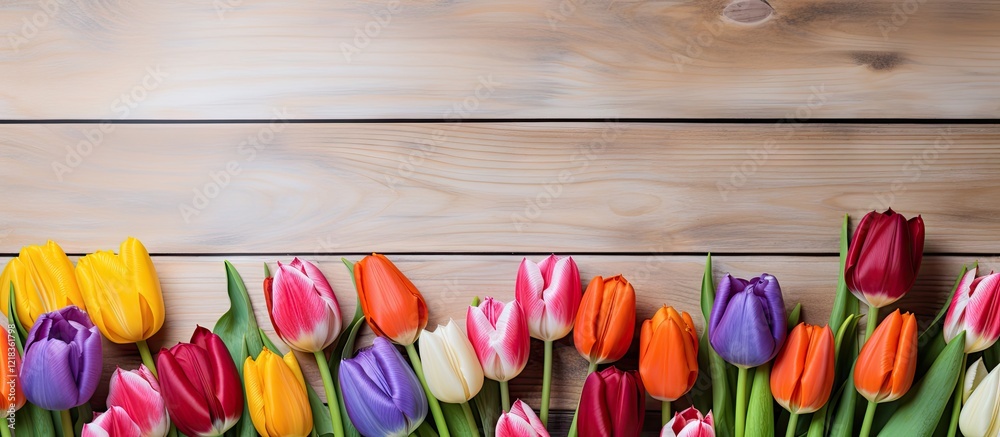 Poster vibrant tulips and irises in various colors arranged on a wooden floor against a white wall, creatin