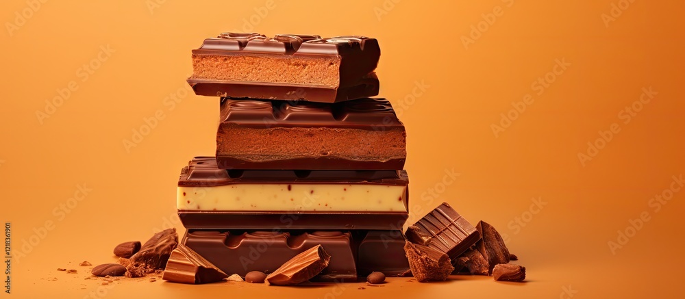 Poster stacked chocolate bars with caramel on a warm orange background, featuring rich brown tones and ampl