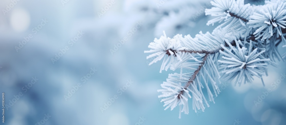 Poster Winter wonderland featuring a close-up of a frosty pine tree branch on the left with soft blue background creating a serene atmosphere
