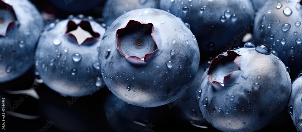Poster fresh blueberries covered in water droplets arranged closely in a dark setting showcasing deep blue 