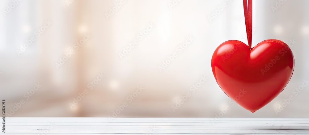 Poster Red toy heart hanging on a red ribbon above a blank white wooden surface with soft blurred lights in the background creating an ideal copy space
