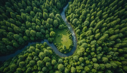 Obraz premium Lush Forest with Winding River, Aerial View