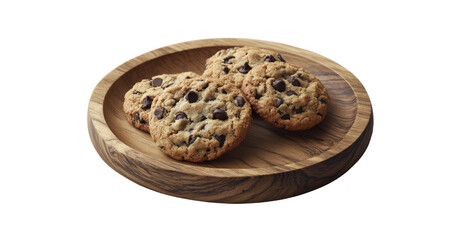 Chocolate chip cookies on a rustic wooden plate, PNG Transparent background