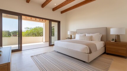 A serene bedroom featuring a large bed, wooden beams, and glass doors leading to a balcony with a view of nature.