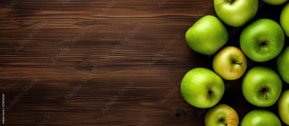 Poster fresh green apples arranged on a dark wooden background with ample blank space for text positioned o