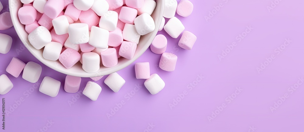 Poster Colorful marshmallows in a white bowl on a light purple background with ample copy space for branding and design elements in flat lay style.
