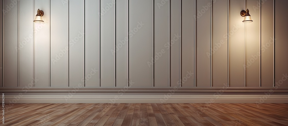 Aufkleber spacious empty room with wooden floor and light-colored paneled wall featuring two sconces perfect f