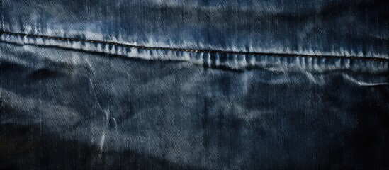 Closeup of a vintage dark denim texture with a grungy appearance featuring faded blue, horizontal lines, and ample copy space on the right