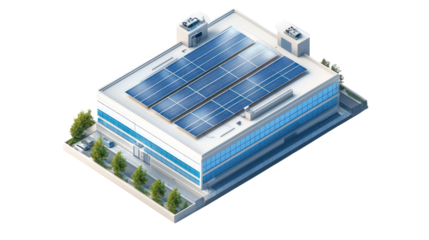 Modern building with solar panels, representing sustainable energy and innovation, situated in an urban environment, showcasing eco-friendly design.