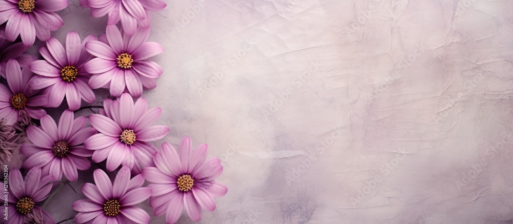 Poster textured background resembling old paper in soft beige with abundant pink pericallis webbii flowers 
