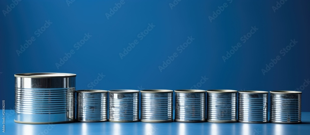 Poster Blue background featuring a row of silver tin cans of fish arranged in a line from largest to smallest with ample copy space for text.
