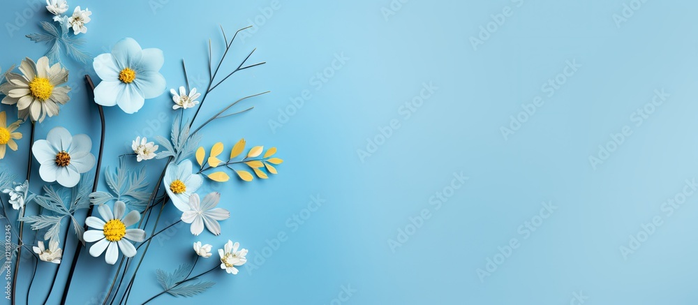 Poster spring wildflowers in soft blue background with yellow and white blooms positioned on the left side 