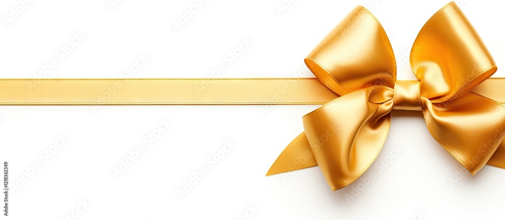 Poster elegant golden satin ribbon bow positioned left on a clean white background with ample copy space fo