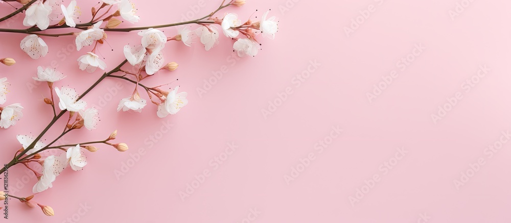 Poster spring themed flat lay composition featuring delicate willow branches in soft white and pink hues on