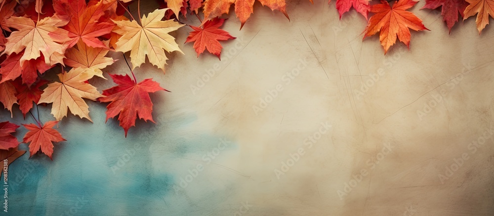 Poster vibrant maple leaves in red and orange cluster on the left against a weathered beige and blue parchm