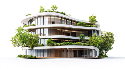 Modern eco-friendly building design with natural greenery, showcasing innovative architecture and sustainable elements, isolated on a white background.