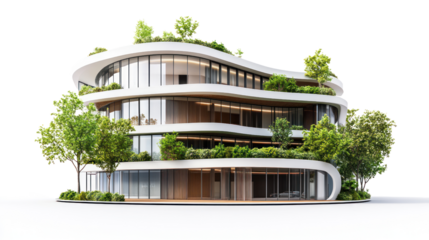 Modern eco-friendly building design with natural greenery, showcasing innovative architecture and sustainable elements, isolated on a white background.