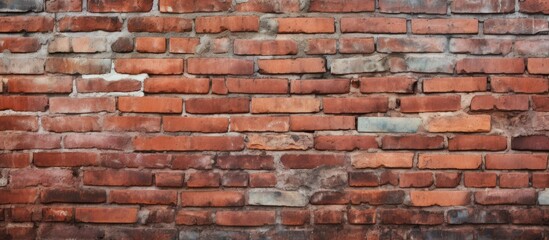 Fototapeta premium Aged red brick wall background with various reddish tones, displaying imperfections and textures, ideal for copy space and design projects.