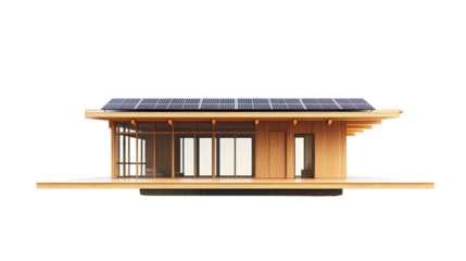 Modern eco-friendly house with solar panels and large glass windows, designed for energy efficiency and natural light, isolated on a white background.